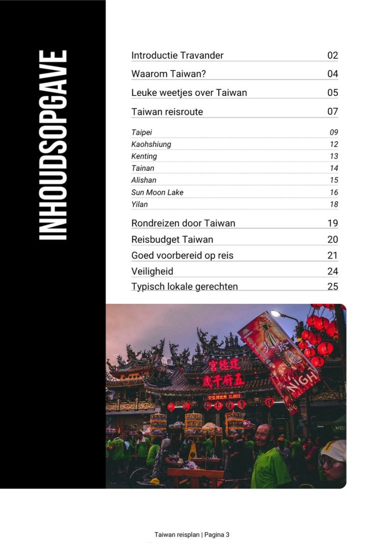 Taiwan travel plan table of contents